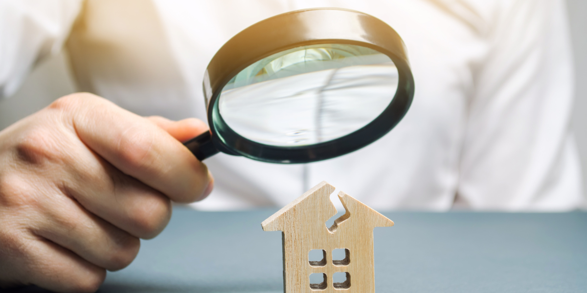 A man with a magnifying glass looks at a house with a crack